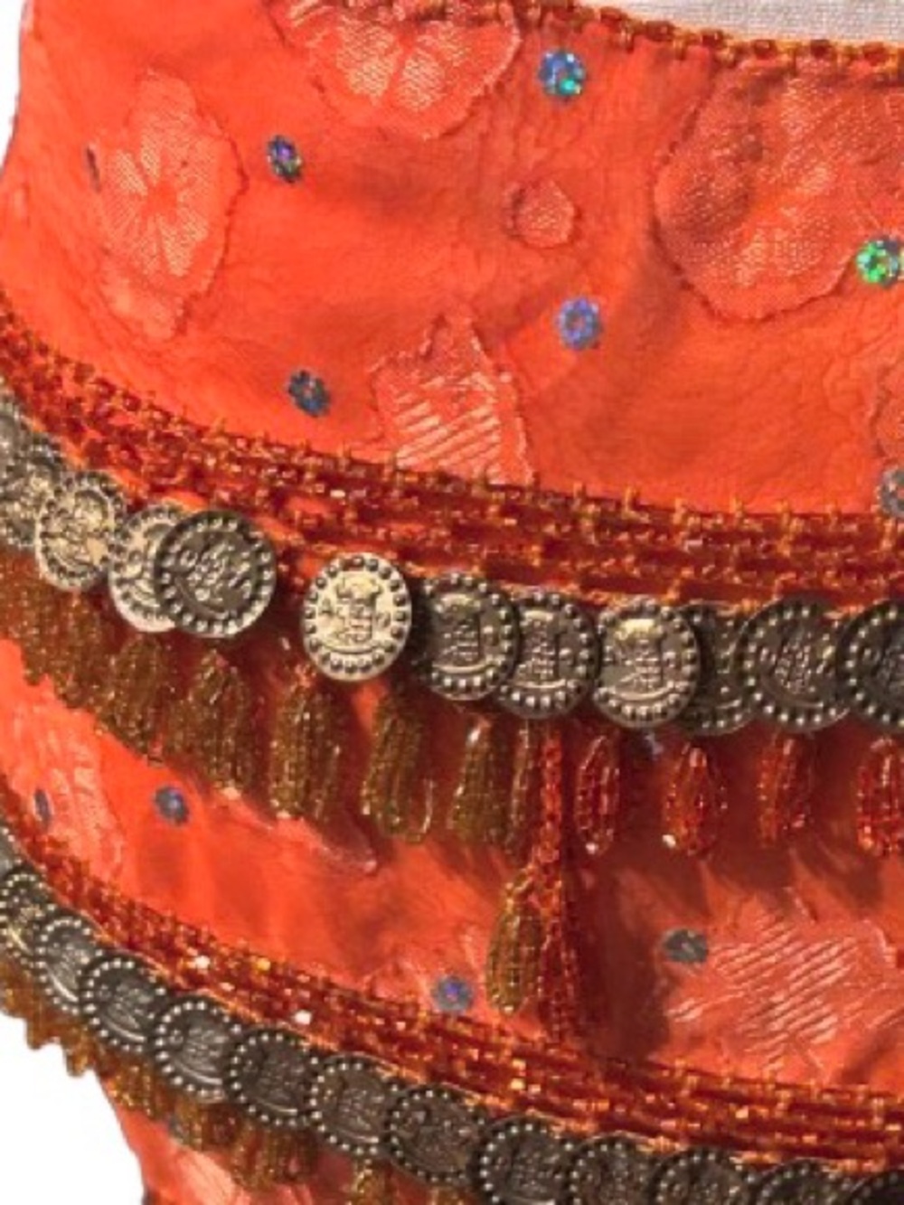 Vintage Belly Dancing Scarf Beaded Coins Floral Orange Red Fringe Shawl - Picture 4 of 12